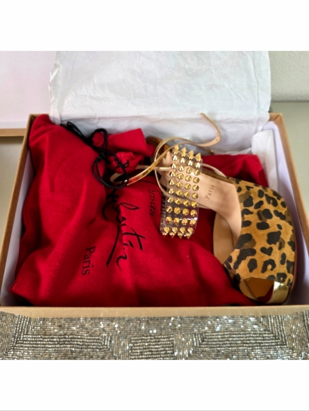 Christian Louboutin Levitagirl 120 Gold Spiked Leather Suede Leopard Heels EU39 - Picture 3 of 16